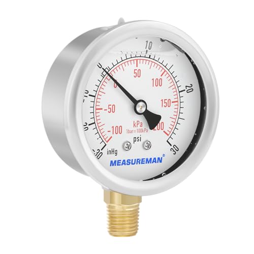 2-1/2" dial,Glycerin Filled, Stainless Steel case, Brass Inside, 30inHg/-100kpa-0-30psi/200kpa,1/4" NPT Lower Mount