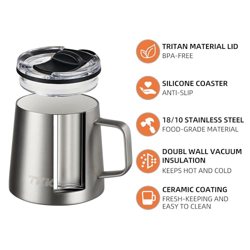 12 oz Insulated Coffee Mug with Handle Ceramic Coating Detachable Slider Lid Stainless Steel Tumbler Double Wall Vacuum Travel Cup