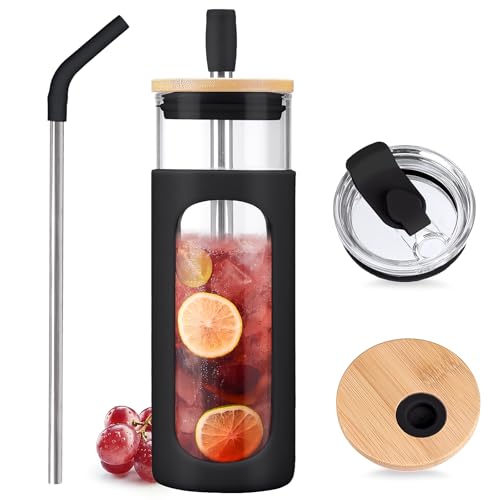 24oz Glass Tumbler with 2 Lids and Straws