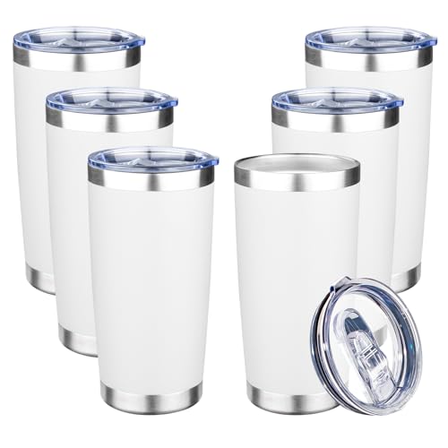 20oz Tumbler with Lid Double Wall Vacuum Insulated Travel Coffee Mug Stainless Steel Thermal Cup Powder Coated Sturdy Coffee Tumbler Bulk for Hot and Cold Beverage (6 Count)