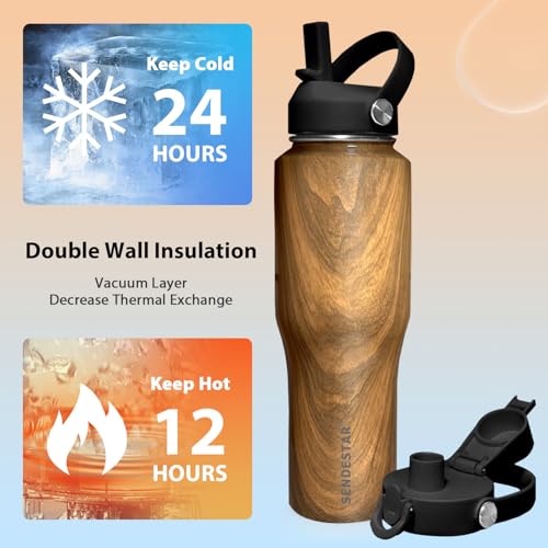 32oz Water Bottle Wide Mouth Stainless Steel Vacuum Insulated Double Wall with 2 Straw Lids Fit in Any Car Cup Holder