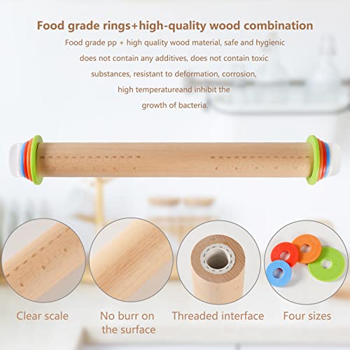 Wood Rolling Pin With 4 Adjustable Thickness Rings