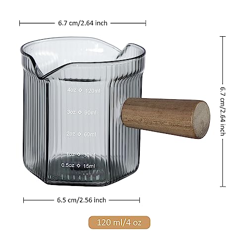 4 oz Grey Double Spouts Measuring Triple Pitcher Milk Cup with Wood Handle (4 Ounce)