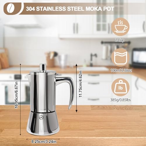 304 Thickened Stainless Steel Uncoated 2 Cup Moka Pot Coffee Maker