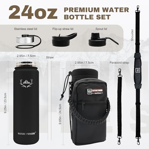 24 oz Insulated Water Bottle with Carrier Bag & 3 Lids