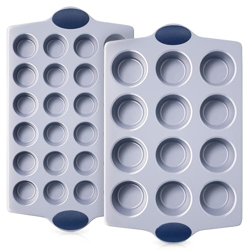 2 Pack 12 Cup and Mini 24 Cup Non Toxic Nonstick Ceramic Muffin Pan & Cupcake Tin (2 Count)