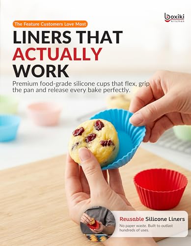 Non Stick Steel 6 Cup Muffin Pan with Silicone Handles and Reusable Liners