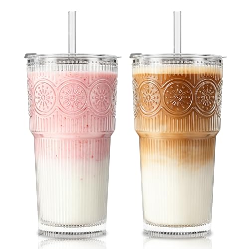 20oz Ribbed & Floral Glass Tumbler with Lid and Straw