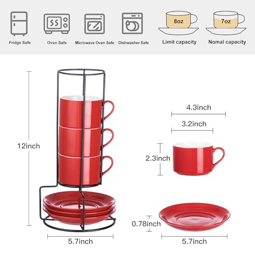 8 OZ Porcelain Stackable Cappuccino Cups and Metal Stand Set of 4 (4 Count)