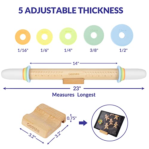 Adjustable Wood Rolling Pin with 5 Thickness Rings