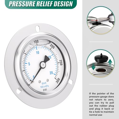 0 300PSI Panel Mount Front Flanged Glycerin Filled Pressure Gauge