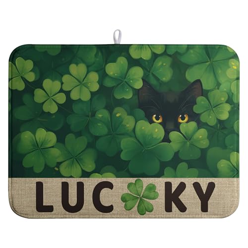 St Patricks Day Spring Shamrock Dish Drying Mats St Patrick's Day Dish Mat Cute Cat Drying Matt Dishes Dryer Pad for Kitchen Counter Absorbent Microfiber Washable Foldable Reusable 18x24 in