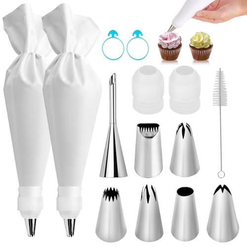 14 Piece Reusable Piping Bags and Tips Set with Stainless Steel Nozzles