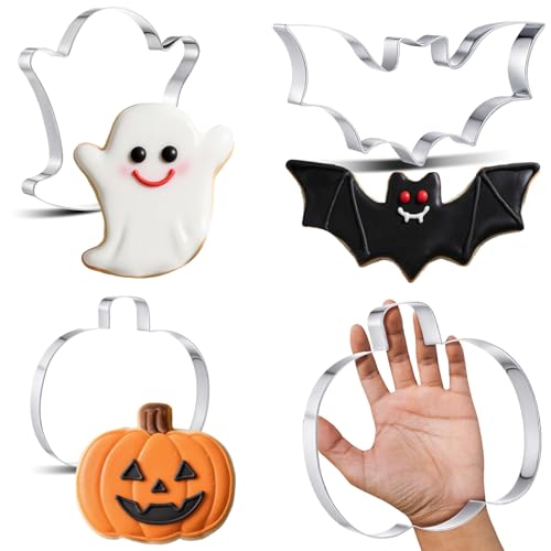 3 Pcs Large Halloween Cookie Cutters Set 7.5 Inch Extra Large Pumpkin Bat Ghost Shapes Stainless Steel Metal Giant Cookie Cutters Molds for Halloween Day Baking Party Kitchen Accessories (3 Count)