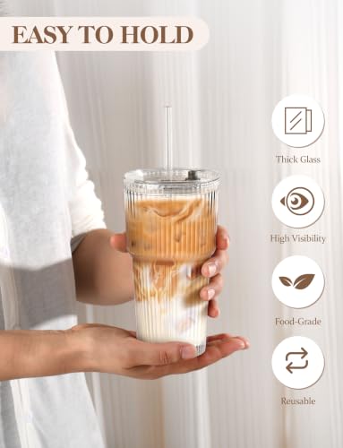 20 oz with Lids and Straws Ribbed Glass Cup Set of 4 (4 Count)