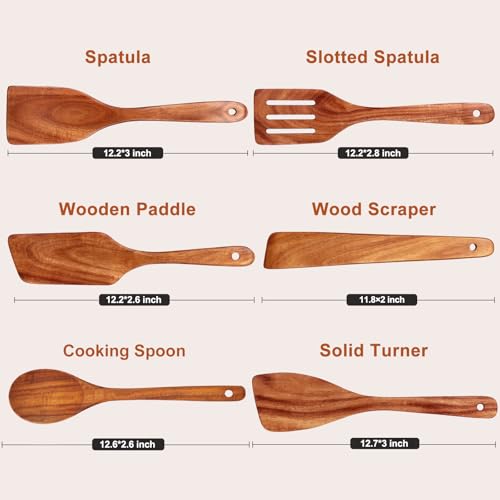 Flat Wood Spatula Set Teak Wooden Spoon for Cooking Utensils Slotted Turner (6 Count)