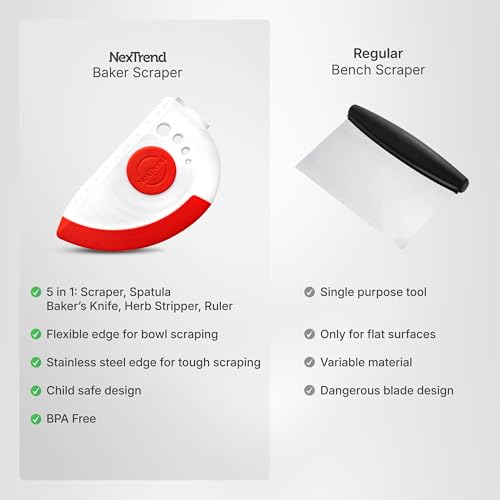 red 5-in-1 flexible dough and bowl scraper with stainless-steel edge and integrated ruler