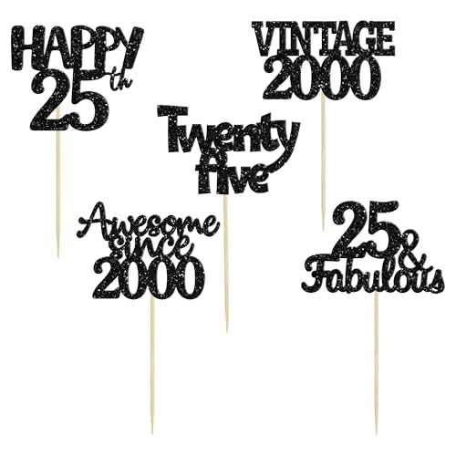30Pcs Vintage 2000 Cupcake Toppers Glitter 25th Birthday Cake Decorations