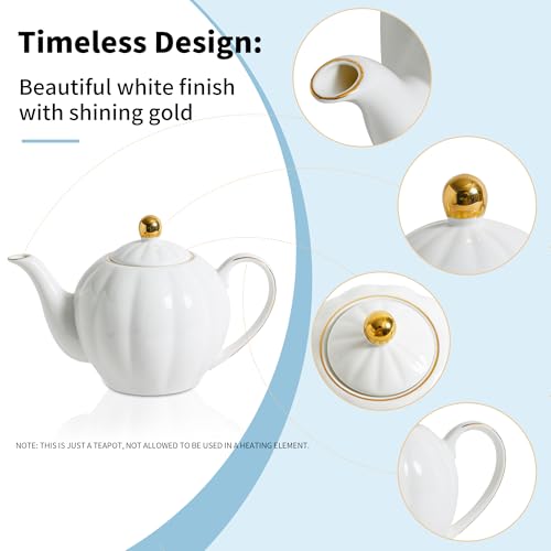 36oz White Porcelain Teapot with Gold Trim