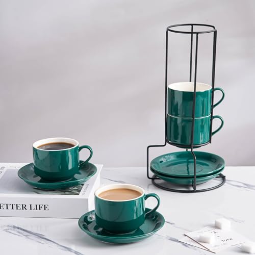8 Ounce Porcelain Stackable Cappuccino Cups and Saucers Set of 4 (4 Count)