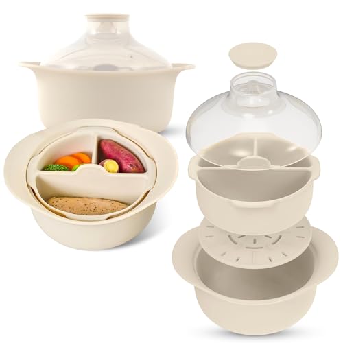 48oz Platinum Silicone 3 Compartmented Microwave Steamer Pot with Handle & Lid