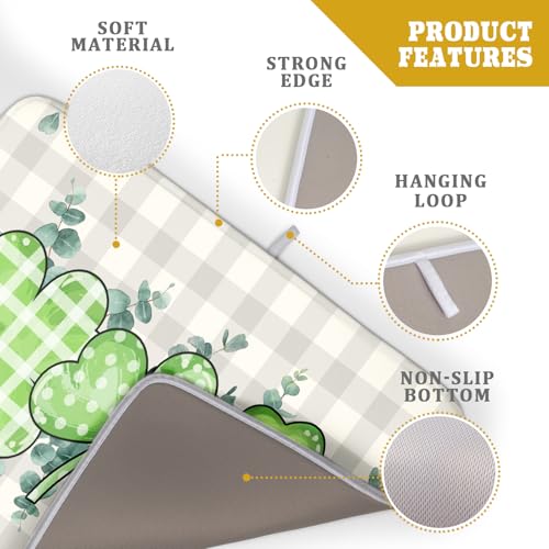 Patrick Dish Drying Mat for Kitchen Green Clovers Grey Buffalo Plaids Dish Drainer Mats 18x24inch Spring Leaf Dish Drying Rack Pad Protector for Countertop Dining Holiday Decor