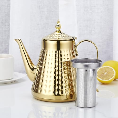 1.6L(54oz) Stainless Steel Hammer Patterned Teapot With Removeable Infuser,Loose leaf cover,Gold