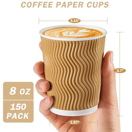 150 Pack 8 oz Disposable Paper Coffee Cups Insulated Champagne (150 Count)