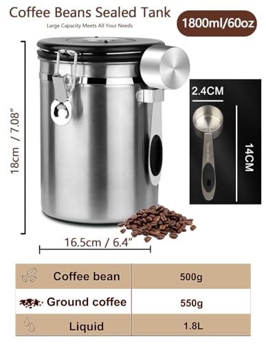 Coffee Canister Airtight Storage Container 1.8L Stainless Steel Air Tight Coffee Jar with Scoop