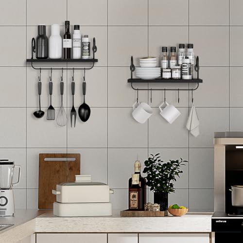 Floating Wall Shelves for Kitchen Bathroom Coffee Nook with 10 Adjustable Hooks for Mugs Cooking Utensils or Towel Rustic Storage Shelves Set of 2 (2 Count)