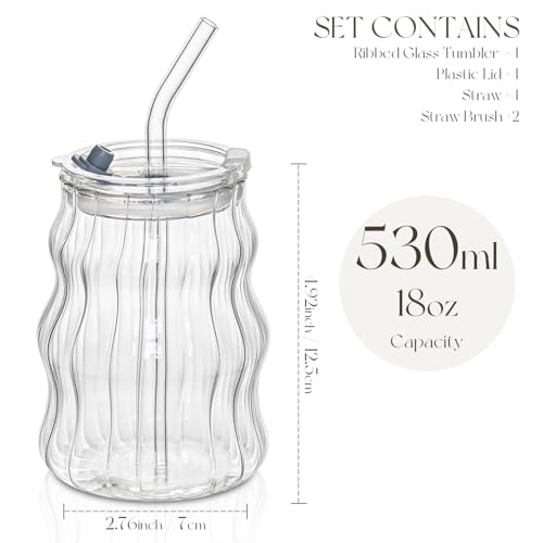 4PCS Ribbed Glass Cups with Lids & Straws