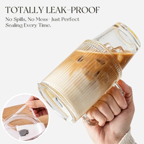 24oz Ribbed Glass Cups with Lid & Straws