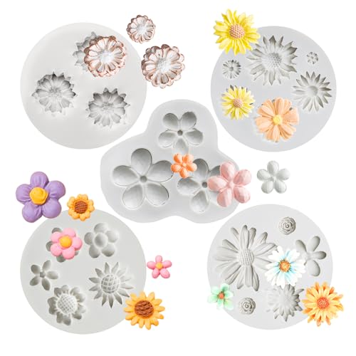5 Pieces Flower Fondant Cake Molds Fondant Silicone Mold Daisy Flower (5 Count)