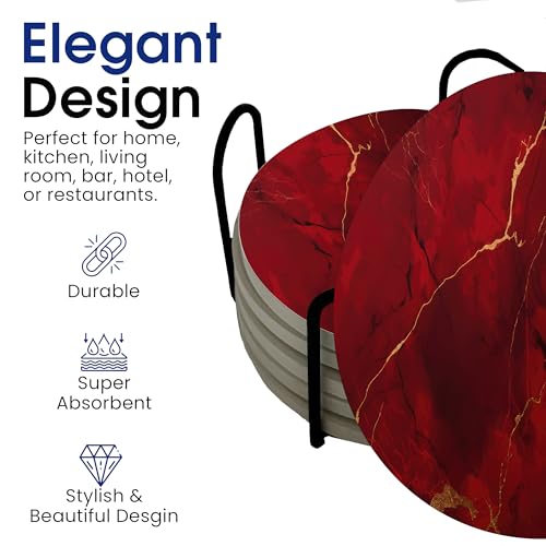 Dark Red Agate Marble Round Coasters Set of 6