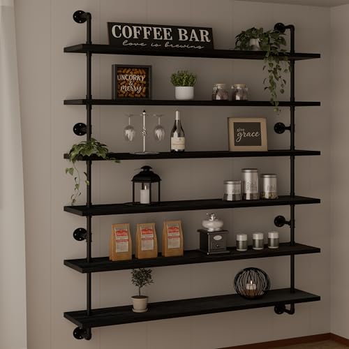 48 Inch Pipe Shelf Floating Shelves for Wall Shelves Bookshelf Industrial Pipe Shelving Real Wood Planks Rustic Hanging Shelves Farmhouse Kitchen Bar Shelving Black