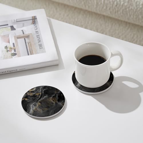Set of 6 Abstract Black Marble Coasters with Holder (6 Count)