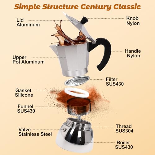 No Coating 6 Cup Aluminum and Stainless Steel Moka Pot Stovetop