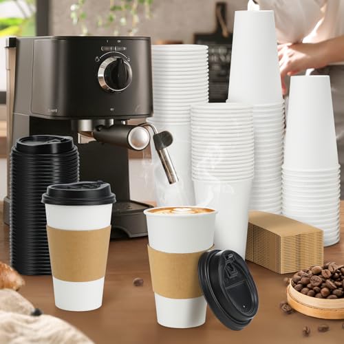 50 Pack 12 oz Disposable Coffee Cups With Lids and Sleeves (50 Count)
