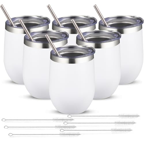 12oz 6 Pack Wine Tumbler Glasses with Lid Stemless Double Wall Vacuum Stainless Steel Travel Tumbler Keeping Cold & Hot for Wine (6 Count)