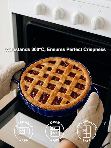 10×2in Deep Ceramic Pie Pan with Handles for Pie Quiche Tart Baking. Easy to grip