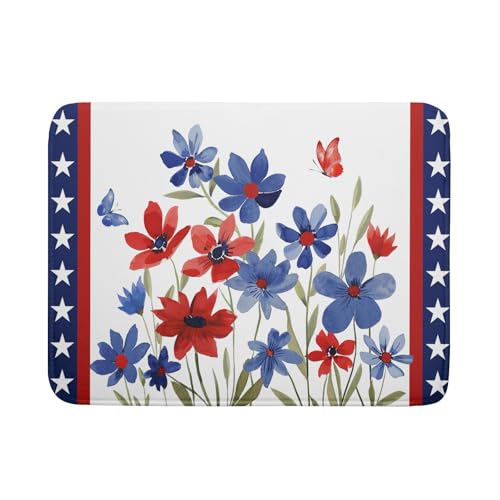 4th of July Flower Dish Drying Mat 18"x24" Independence Day Stars Dish Drainer Mats Watercolor Patriotic Floral Microfiber Dish Drying Rack Pad for Kitchen Countertop Large Decor