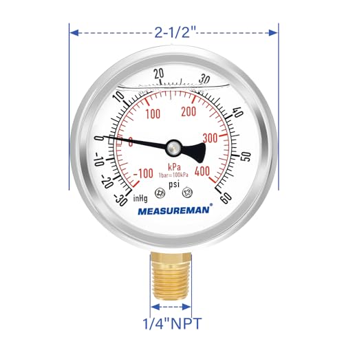 2-1/2" Dial Size, Glycerin Filled Pressure Gauge, 30inHG-60psi, 304 Stainless Steel Case, 1/4" NPT Lower Mount