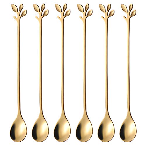 6 Piece Elegant Gold Leaf Long Handle Teaspoons (6 Count)