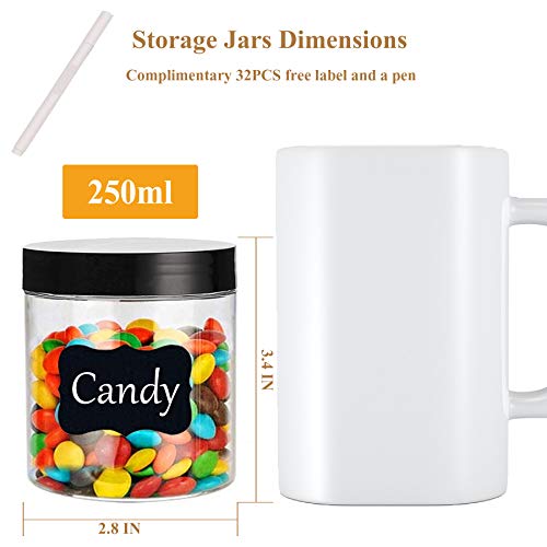 Plastic Jars with Lids Empty Slime Cosmetics Containers Clear Gift Food Jars Round PET Cream Jar with Black Lids Pen Labels for Kitchen Storage Spices Dry Food Body Butter Making (32 Count)