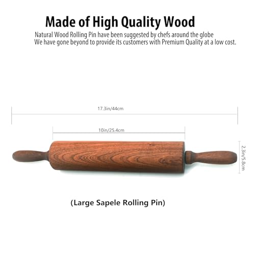 Classic Sapele Wooden Rolling Pin With Handles Large17.3"L x 2.3"W
