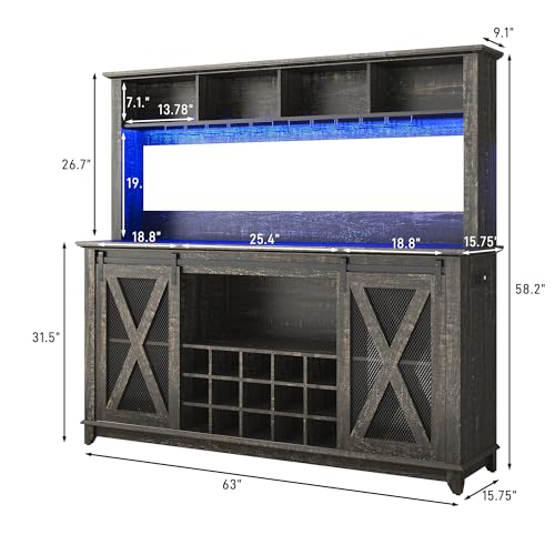 63"Wide 58"H Farmhouse Coffee Bar Cabinet with Power Outlet and LED Light