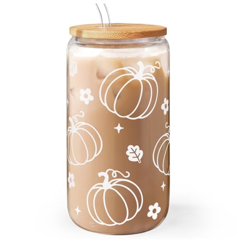 Pumpkin 16oz Can Glass Tumbler with Acrylic Lid & Straw