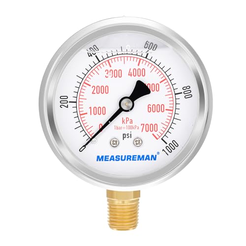 2-1/2inch Dial Size, Liquid Filled Pressure Gauge, 0-1000psi/7000kpa, 304 Stainless Steel Case, 1/4inchNPT Lower Mount