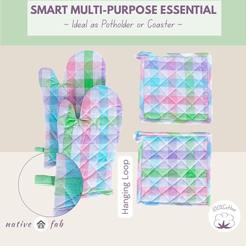 4 Piece Set Gingham Check 2 Oven Mitts & 2 Potholders (4 Count)