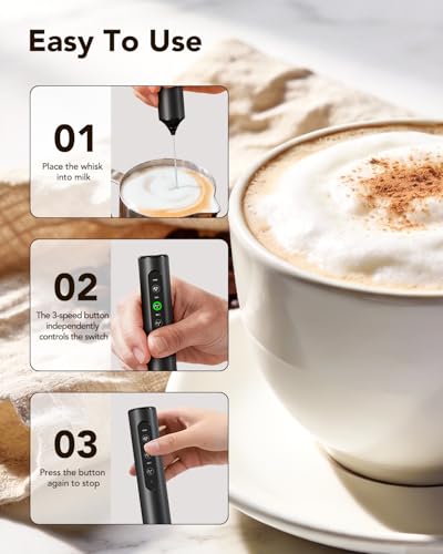 3-in-1 Electric Milk Frother with Stand, Rechargeable LED Display & 3 Speeds - Portable Whisk for Coffee, Protein Shakes, Baking - Makes Latte, Cappuccino, Matcha Foam -Blk (Rechargeable with stand)